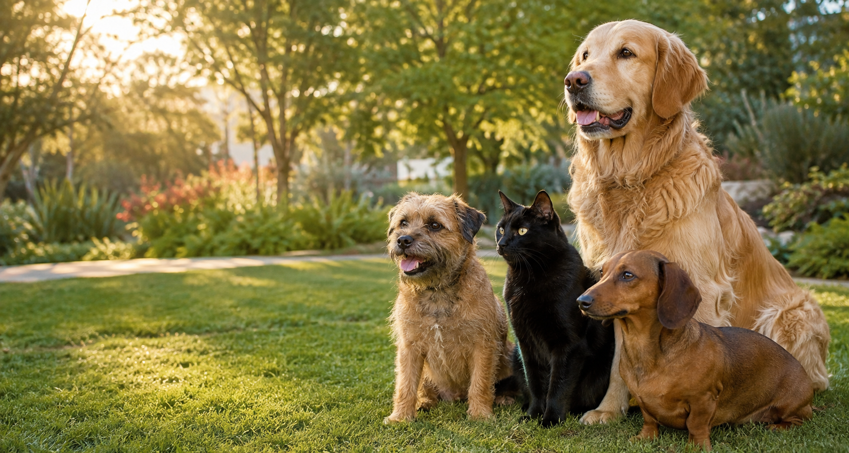 A joyful group of pets in a sunny community park